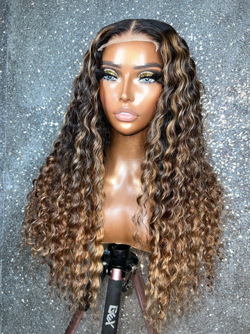 Ready To Ship Custom Bohemian Curly Closure Wig With Highlights 24"